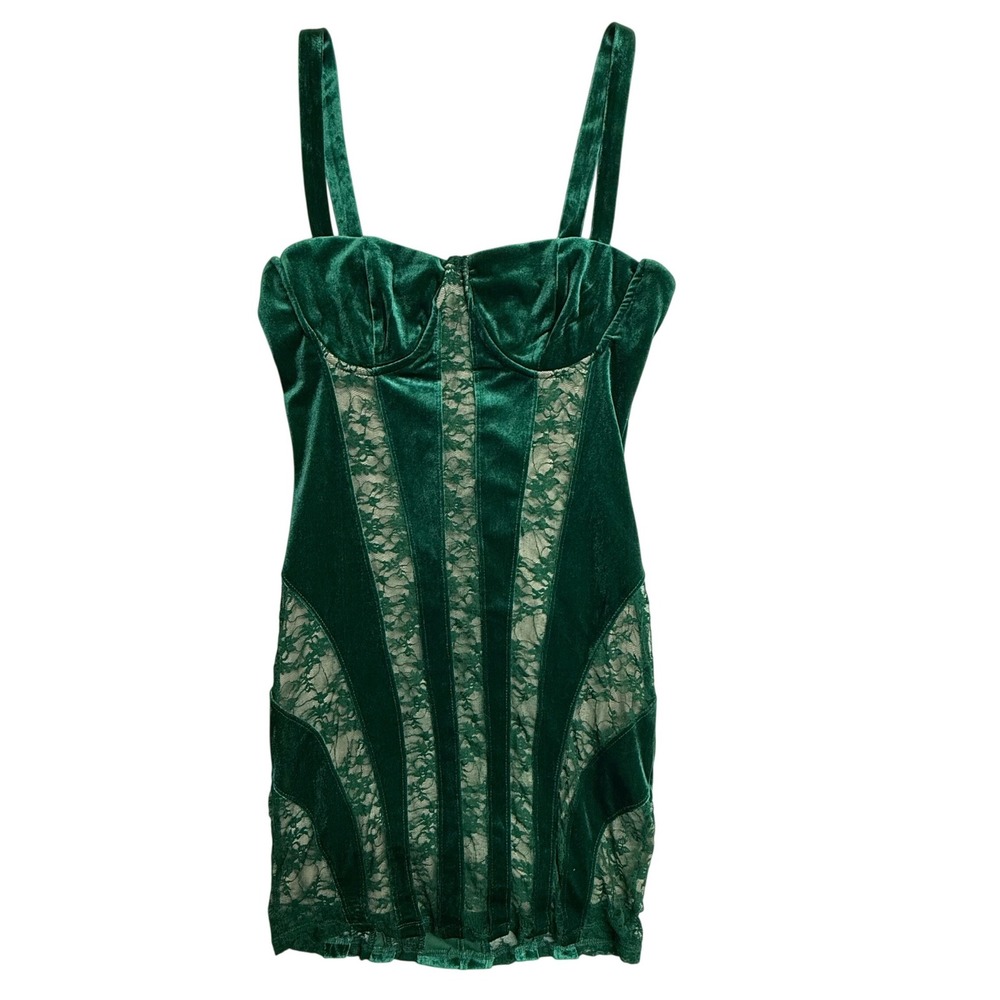 Forever 21‎ NWT Emerald Green Velvet Lace Corset Mini Dress Size Medium